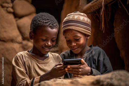 Two African children with a mobile phone in the village. Generative AI, Generative AI photo