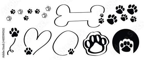 Set of dog paw footprints element vector. Hand drawn animal, pet, cat paw silhouette pattern, frames, doodles. Cute pet footsteps illustration design for fabric, decorative, sticker, wallpaper, kids