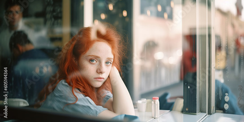 Ginger-haired teenage girl sitting by a bar window. Generative AI, Generative AI photo