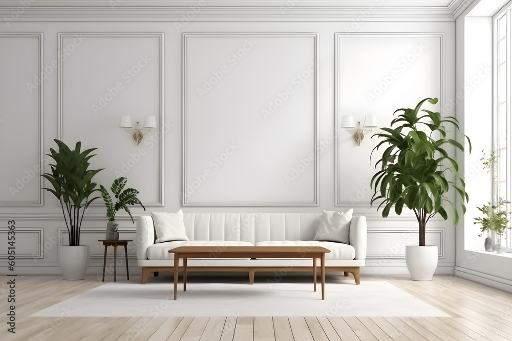 Fototapeta premium Interior living room modern classic style, vintage sofa with white minimal wall decorate background. Generative AI image in 3D illustration