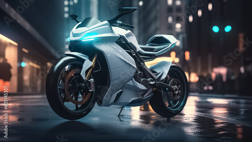 White futuristic sport bike, motorbike in a modern city at night. 