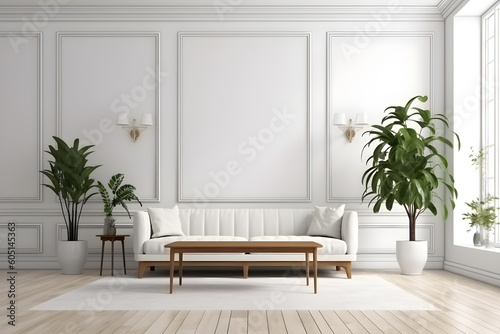 Interior living room modern classic style, vintage sofa with white minimal wall decorate background. Generative AI image in 3D illustration