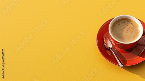 Cup of coffee on yellow. Background with empty space for text. Generative AI 