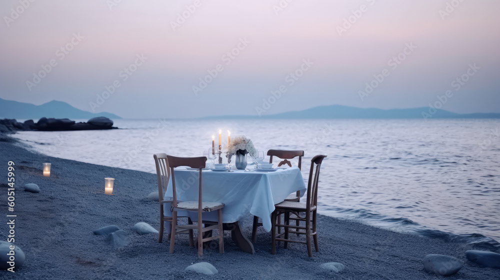 Table setting on the beach with sea and sky. Background with empty space for text. Sunset, Generative AI