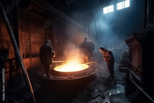 Workers operates at the metallurgical plant. Worker controlling metal melting in furnaces. generative ai 