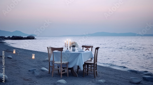 Table setting on the beach with sea and sky. Background with empty space for text. Sunset, Generative AI © fotogurmespb