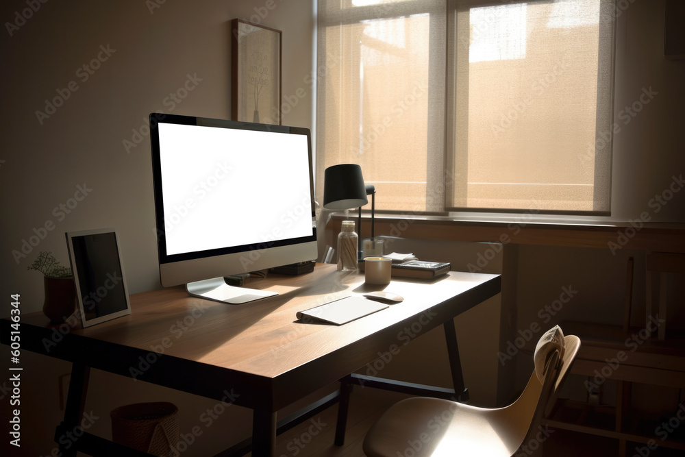 Modern computers on desks and chairs in home office, wide view with windows and natural light. including table and room decorations. generative ai 