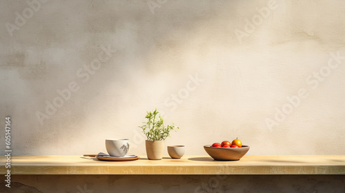 Coffee cup and plate with tomato on wooden shelf in front of concrete wall. Background with empty space for text. Generative AI 