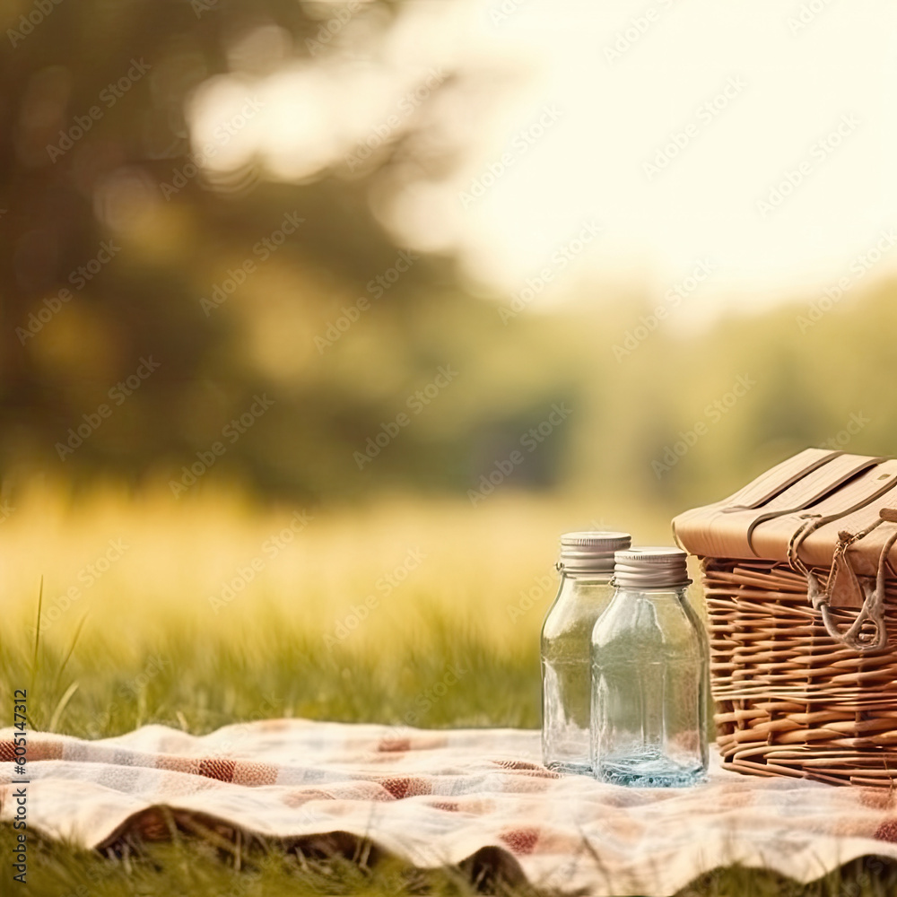 Obraz premium Picnic basket on a checkered tablecloth on a green meadow. Background with empty space for text. Generative AI
