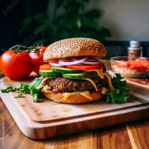 Crispy Fish Burger with Zesty Tartar Sauce - vegetarian burger on counter with tomatoes  generative Ai illustration 