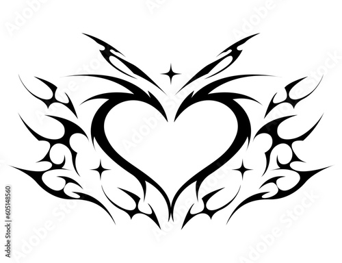 Black emo gothic tribal tattoo design in a cyber sigilism style, featuring hand-drawn ornament of heart shape. Vector illustration of y2k tattoo.