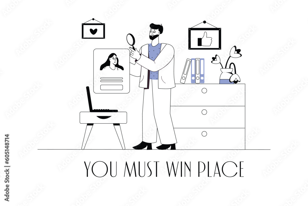 HR manager concept wit people scene in the flat cartoon design. The HR manager selects the questionnaire and CV of potential employees. Vector illustration.