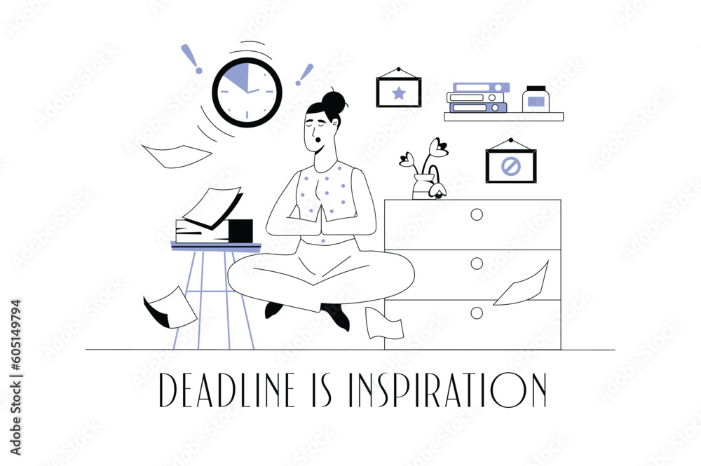 Obraz premium Deadline concept wit people scene in the flat cartoon design. The employee does not have time to complete the tasks before the deadlines, but he tries to remain calm. Vector illustration.