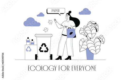 Eco waste concept wit people scene in the flat cartoon design. A girl sorts garbage into special containers to save the environment. Vector illustration.