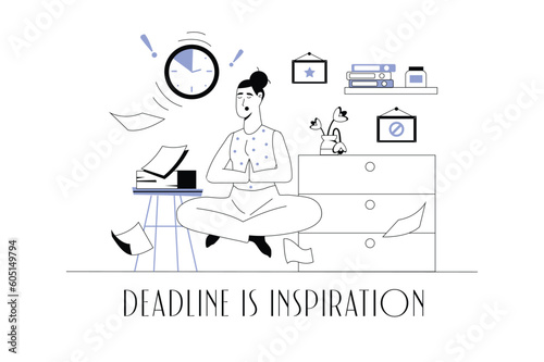 Deadline concept wit people scene in the flat cartoon design. The employee does not have time to complete the tasks before the deadlines, but he tries to remain calm. Vector illustration.