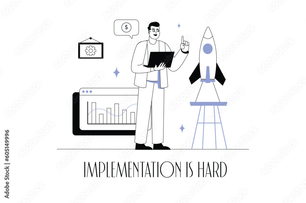 Business startup concept wit people scene in the flat cartoon design. A budding businessman launches his first startup, which will later turn into a big business. Vector illustration. Business startup concept wit people scene in the flat cartoon design. A budding businessman launches his first startup, which will later turn into a big business. Vector illustration.