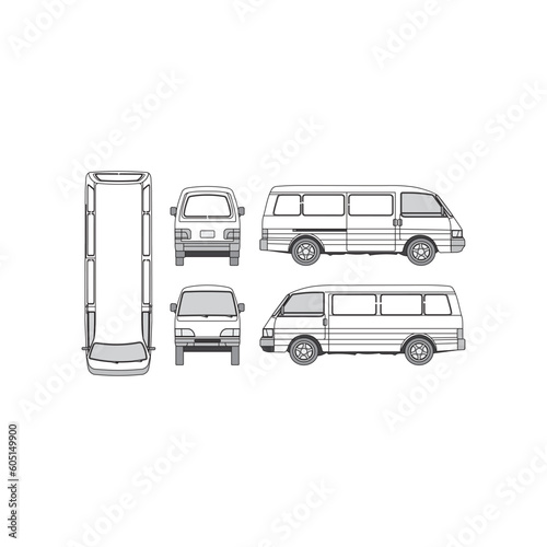 van outline, 1995, for small family, isolated white background, front, back, top and side view, part three