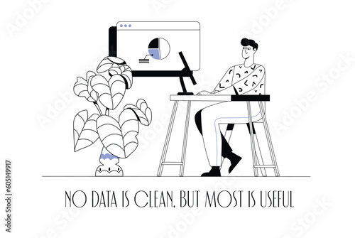 Data analysis concept wit people scene in the flat cartoon style. The data processing specialist started working with the new information. Vector illustration.