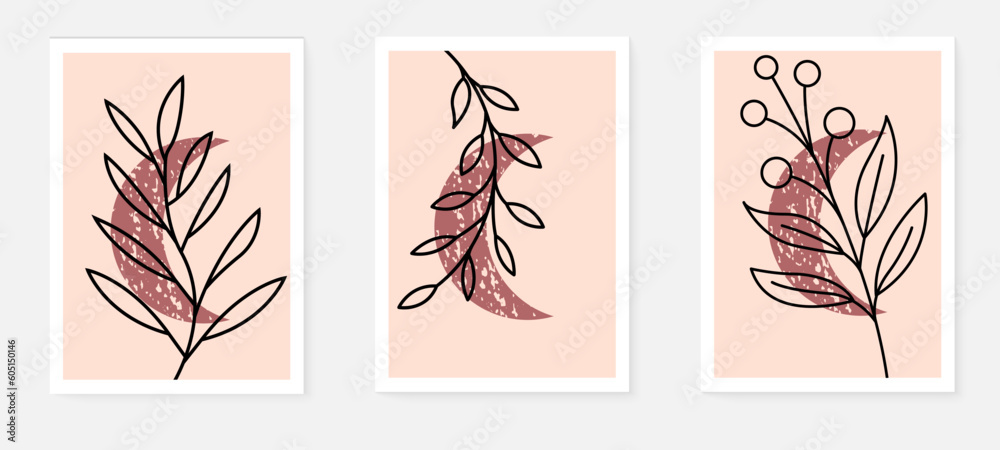 Set of minimalist poster design botanical leaf branch abstract collage