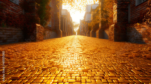 golden color of the sun street in the city with cobblestones created with Generative Ai technology