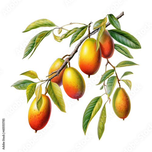 Botanical illustration, branch with mango in retro illustration style, PNG. Generative AI