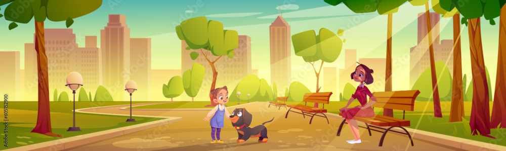 Kid with dog and mother walk in summer city park cartoon vector landscape. Tree in garden near bench on street with cityscape background and happy daughter. Urban public sunny alley near downtown