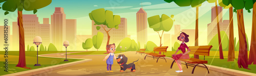 Kid with dog and mother walk in summer city park cartoon vector landscape. Tree in garden near bench on street with cityscape background and happy daughter. Urban public sunny alley near downtown