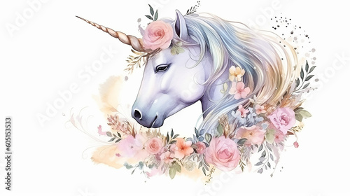 Beautiful unicorn card template with floral wreath . Generative AI