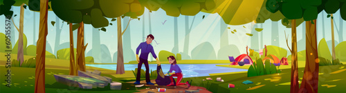 Volunteers collecting garbage in forest. Vector cartoon illustration of young conscious man and woman putting trash into bag, cleaning park territory near lake after camping on green glade under trees