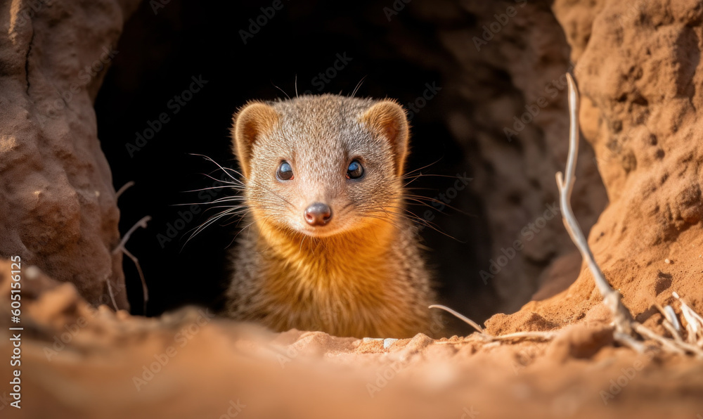 Photo of mongoose, captured as it fearlessly stands guard at the entrance of its burrow. The image showcases the mongoose's sleek, muscular physique, sharp claws, and keen senses. Generative AI Photo of mongoose, captured as it fearlessly stands guard at the entrance of its burrow. The image showcases the mongoose's sleek, muscular physique, sharp claws, and keen senses. Generative AI