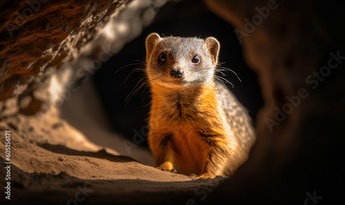 Photo of mongoose, captured as it fearlessly stands guard at the entrance of its burrow. The image showcases the mongoose's sleek, muscular physique, sharp claws, and keen senses. Generative AI