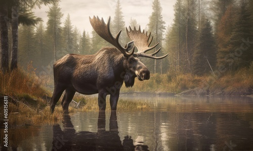 photo of moose standing on the edge of a river with forest in the background. Generative AI © Bartek