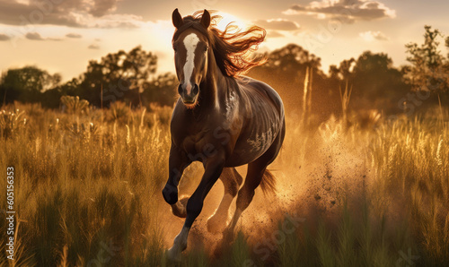 photo of Morgan stallion running in tall grass at sunset. Generative AI