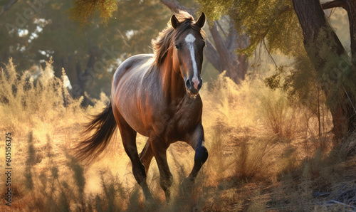 photo of Morgan stallion on a forest path. Generative AI