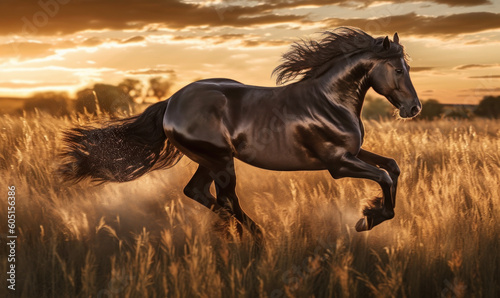 photo of Morgan stallion running in tall grass at sunset. Generative AI