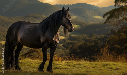 Photo of Morgan stallion, proudly standing on a lush meadow with rolling hills in the background. The stallion's glistening coat and powerful muscles are captured in exquisite detail. Generative AI © Bartek