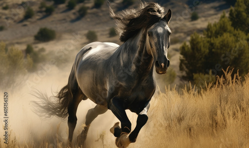 photo of Morgan stallion running in its natural habitat. Generative AI