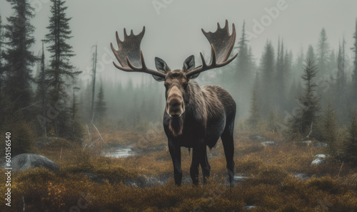 Photo of moose, towering above a misty, moss-covered bog, its majestic antlers crowned with fresh foliage. Generative AI © Bartek