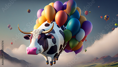 Fliegende Kuh an Luftballontraube, vegane Ernährung mit Nachhaltigkeit Generative AI 