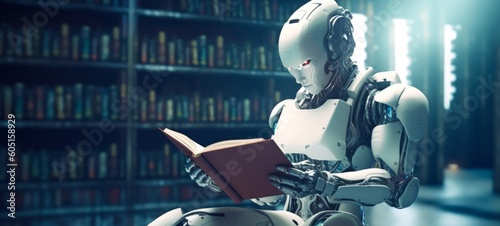 Future technological development knowledge background - Human robot sits in the library and read books (Generative Ai)