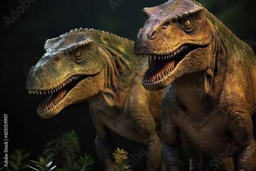 Amazing and photorealistic dinosaurs. Jurassic period. Gigantic reptile. Close up view. Beautiful and scary dinosaurus. Dangerous dino. Generative AI. © Kassiopeia 