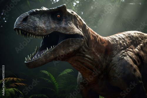 Amazing and photorealistic dinosaur. Jurassic period. Gigantic reptile. Close up view. Beautiful and scary dinosaurus. Dangerous dino. Generative AI. photo