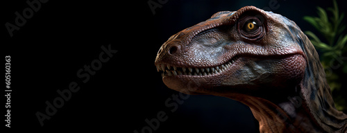 Amazing and photorealistic dinosaur. Jurassic period. Gigantic reptile. Close up view. Beautiful and scary dinosaurus. Black banner with copy space for text. Dangerous dino. Generative AI. © Kassiopeia 