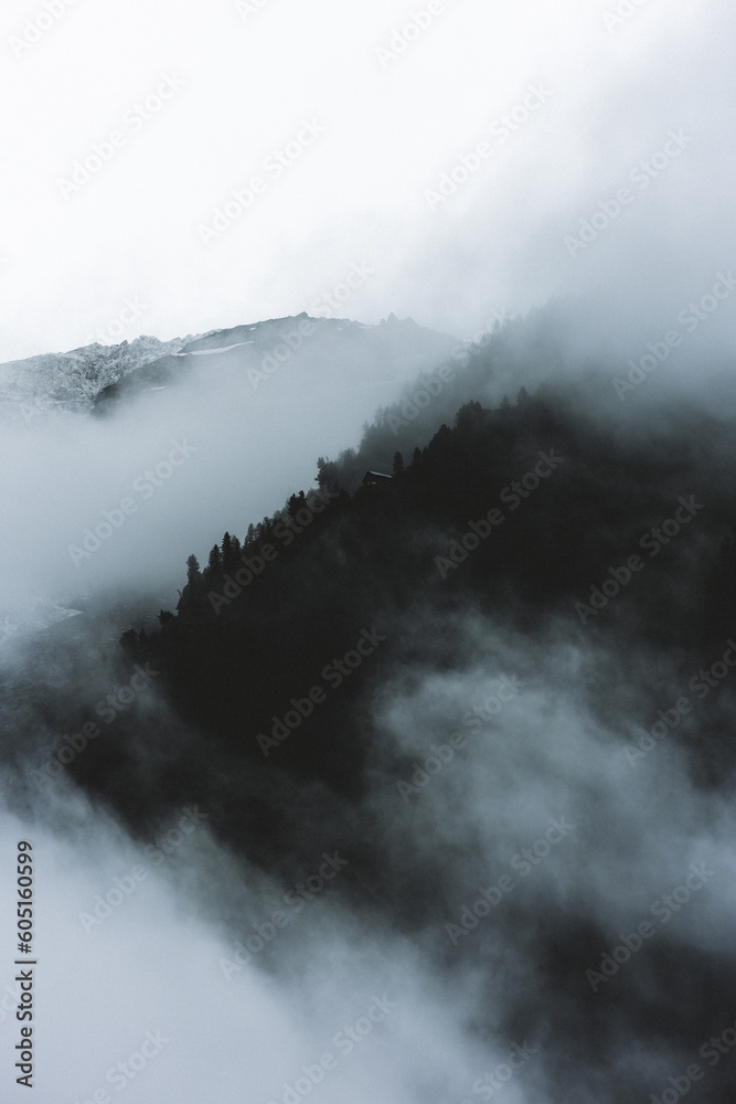 Cabin in the fog in the mountains