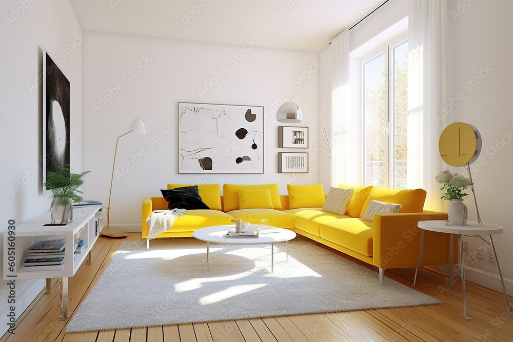 Avery modern living room yellow sofa white walls modern home interior