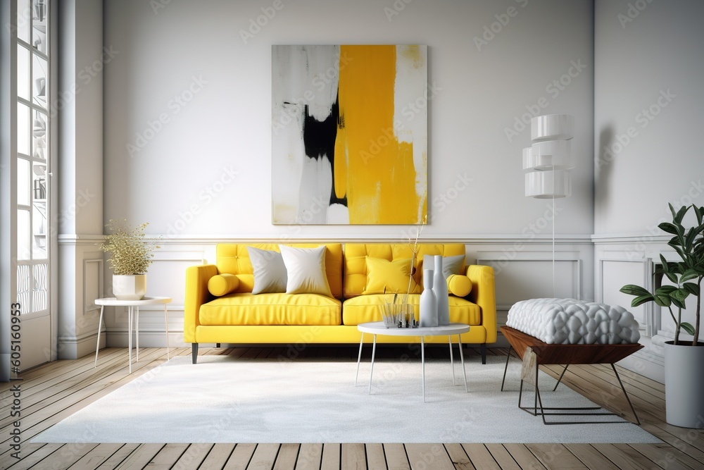 Avery modern living room yellow sofa white walls modern home interior