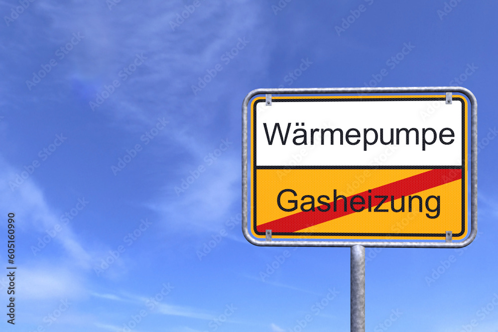 3d Illustation - Ortsschild - Ortstafel - Gasheizung - Wärmepumpe - Himmel - Wolken 3d Illustation - Ortsschild - Ortstafel - Gasheizung - Wärmepumpe - Himmel - Wolken