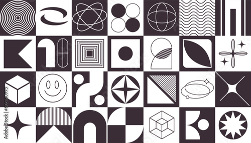 Monochrome color Brutalist style geometric shapes pattern Background.  Swiss Bauhaus y2k. Minimalist modern abstract primitive figures and lines design banner. Flat unicolorous vector illustration