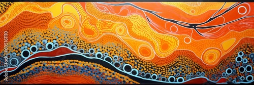 Abstract theme of Australian Indigenous Aboriginal art. Cultural, traditional art concept. Represent style and dot painting techniques. AI abstract image.