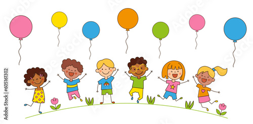 Happy cartoon children with colored hot balloons in doodle style. Funny characters Boys and Girls outdoors fun. Holidays, vacations, weekends. Vector illustration